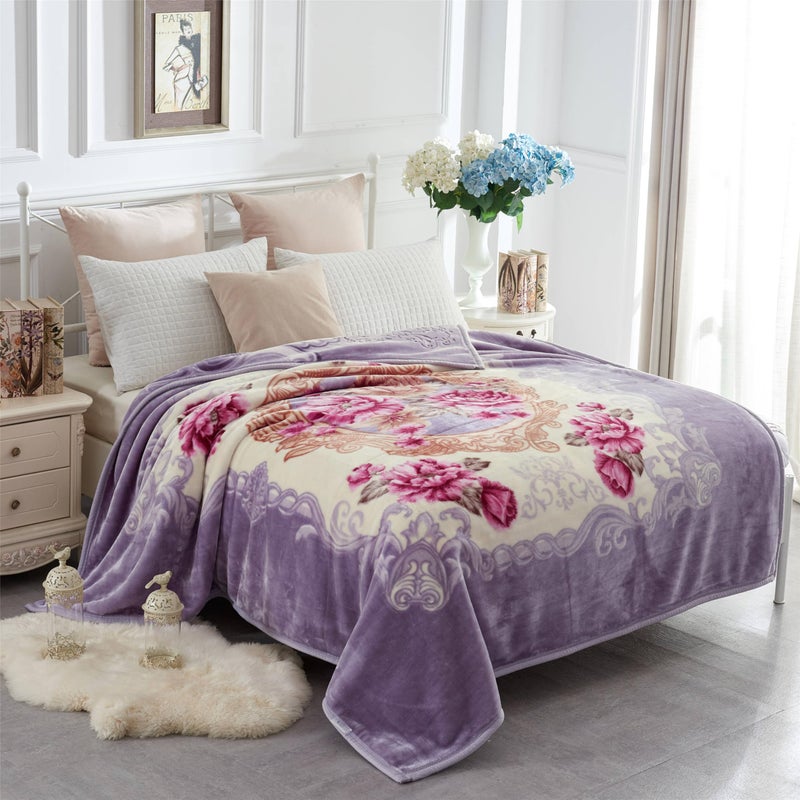 JYK Korean Faux Mink Fleece Blanket 83" X 91", 5.7 LB - 2 Ply Reversible Soft Warm Plush Flannel Blanket, A&B Pattern Printed Embossed Microfiber Blanket, (Light Purple Peony/Peony, King) - Image 2